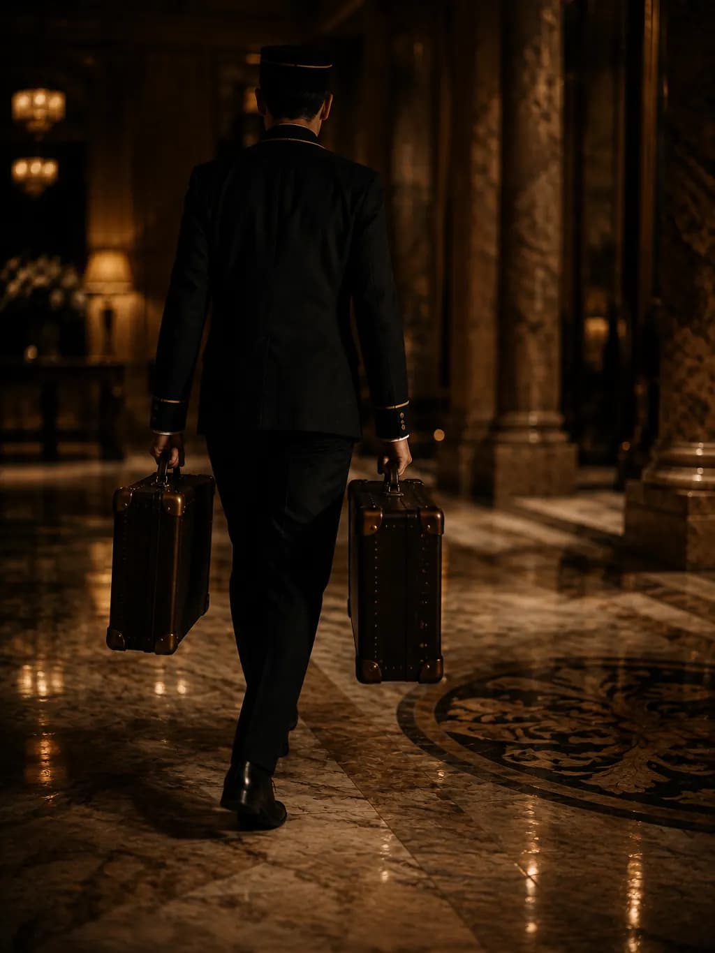 A porter crosses the marble lobby with two leather suitcases