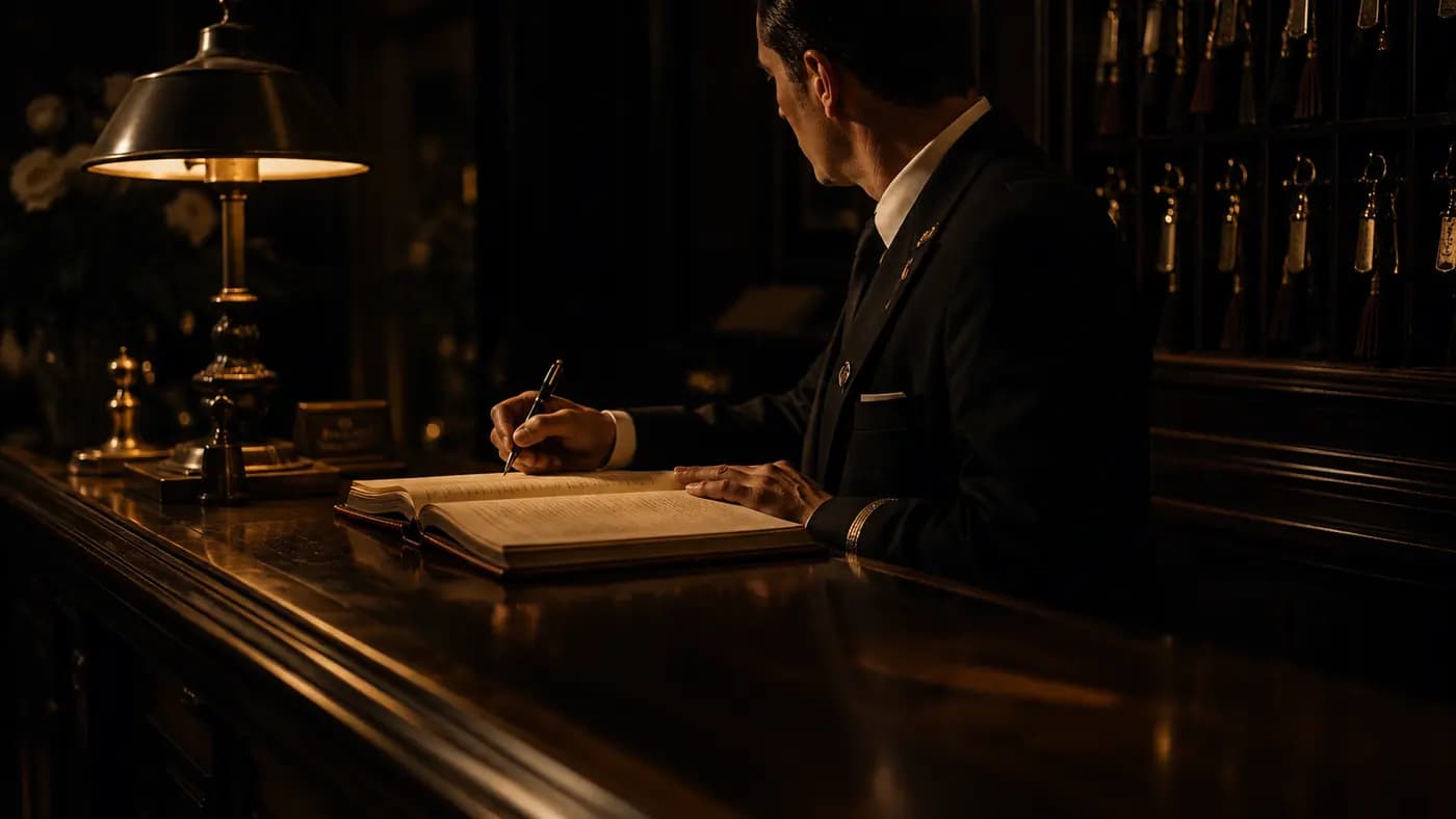 A concierge writes in the property's register beneath a brass lamp